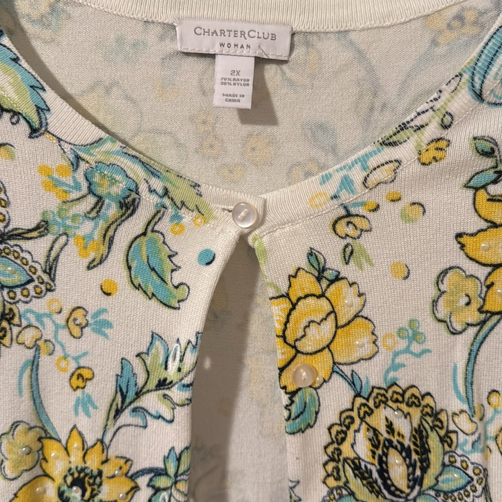 Long sleeve cardigan rayon and nylon yellow blue white floral design - Picture 2 of 2